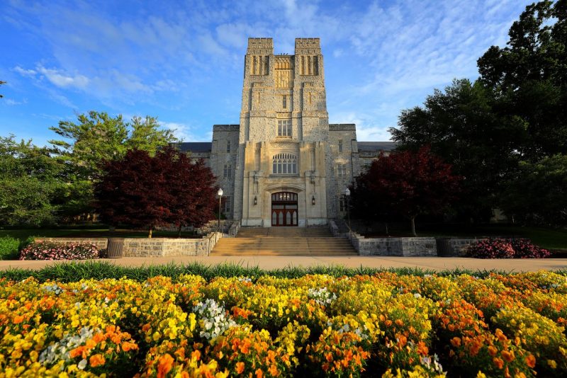 Burruss Hall with spring flowers