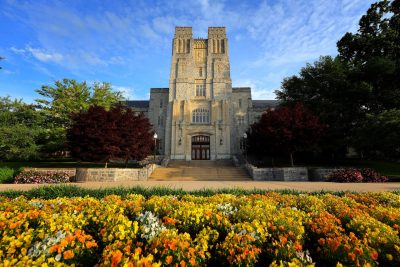 Burruss Hall with spring flowers