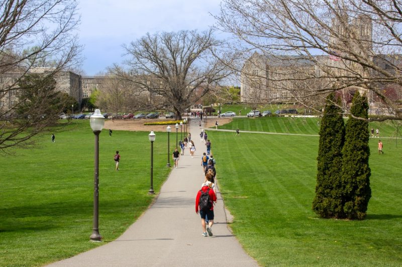 students walking down path on drillfield
