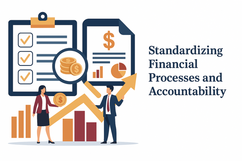Wide flat-style illustration showing standardized financial processes and accountability, featuring organized charts, documents, gears, and financial icons arranged across a white background to represent clarity, structure, and consistent workflows.
