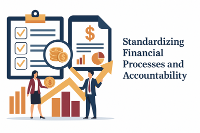 Wide flat-style illustration showing standardized financial processes and accountability, featuring organized charts, documents, gears, and financial icons arranged across a white background to represent clarity, structure, and consistent workflows.