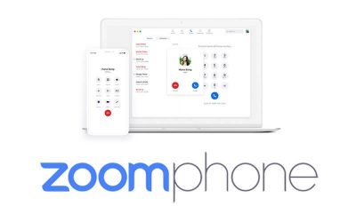 Zoom Phone logo with a smartphone and laptop screen displaying the Zoom Phone calling interface.