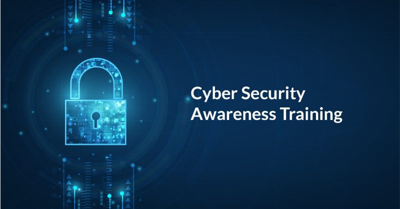 Graphic of a glowing digital padlock with the text “Cyber Security Awareness Training” on a dark blue technology-themed background.