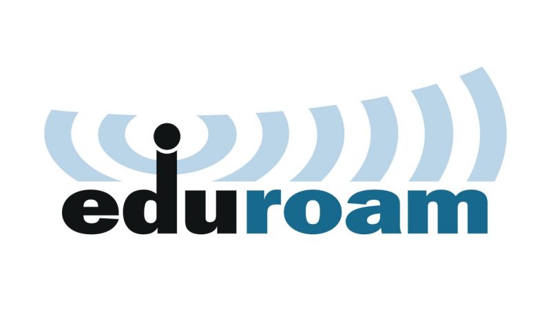 Eduroam logo featuring stylized wireless signal waves above the word “eduroam.”