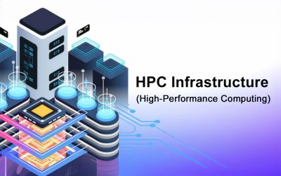 "Digital illustration of high-performance computing infrastructure showing stylized servers, processors, and data nodes, with the text ‘HPC Infrastructure (High-Performance Computing)’ on a gradient background.