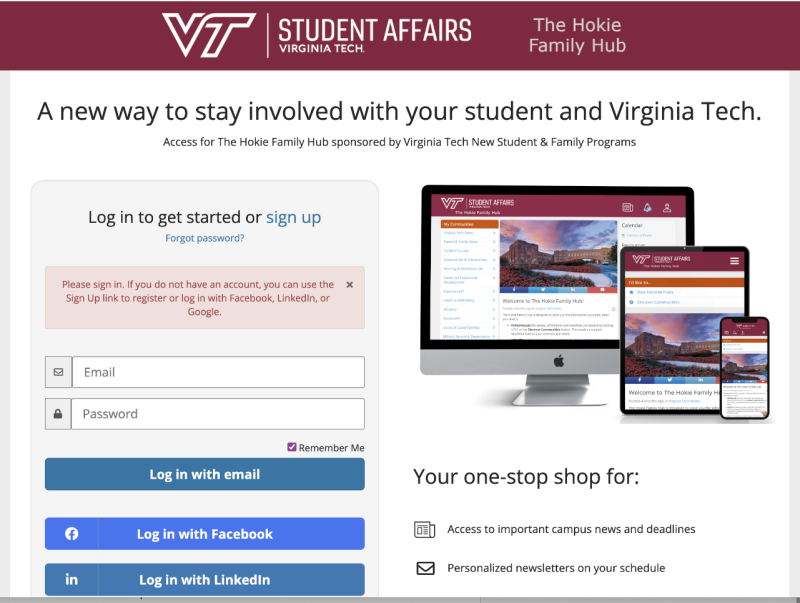 Screenshot of the Virginia Tech Hokie Family Hub login page showing Student Affairs branding, login options, and preview images of the hub on desktop and mobile devices.