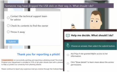 Screenshot of cybersecurity training modules showing quiz questions about handling a found USB drive and evaluating suspicious access requests, alongside a message thanking the user for reporting a phishing attempt.