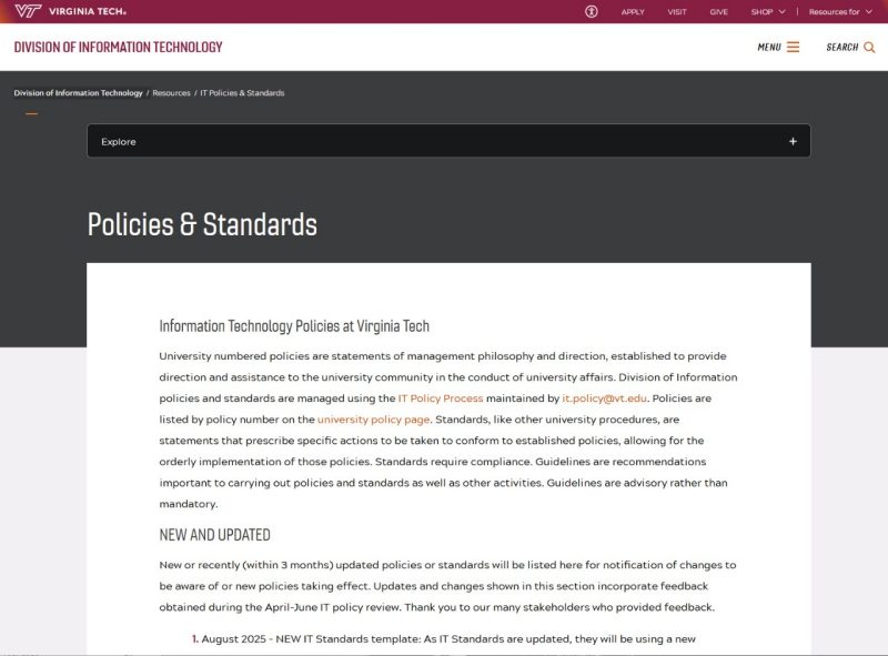 Screenshot of the Virginia Tech Division of Information Technology “Policies & Standards” webpage, displaying the page heading and introductory text explaining IT policies, standards, and recent updates.