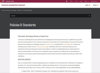 Screenshot of the Virginia Tech Division of Information Technology “Policies & Standards” webpage, displaying the page heading and introductory text explaining IT policies, standards, and recent updates.