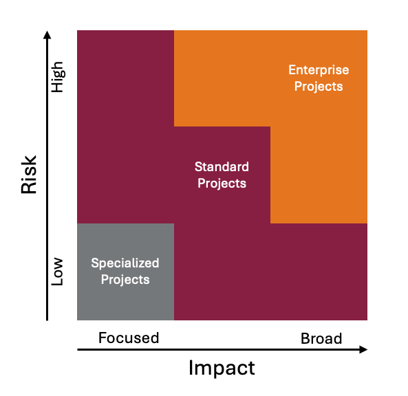 Chart categorizing IT projects by risk and impact. Specialized projects have lower risk and focused impact, standard projects have moderate risk and impact, and enterprise projects have higher risk and broader impact.