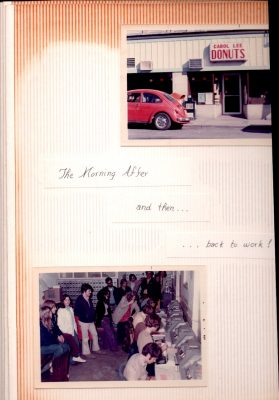 page out of photo album showing a donut shop and students waiting for computers
