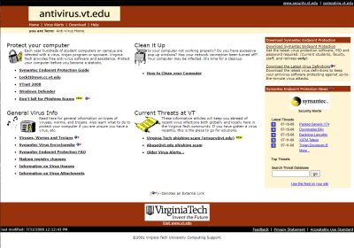 antivirus.vt.edu home page in 2001
