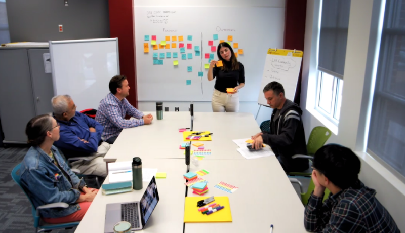 group sitting at table with one member leading activity using colorful sticky notes.