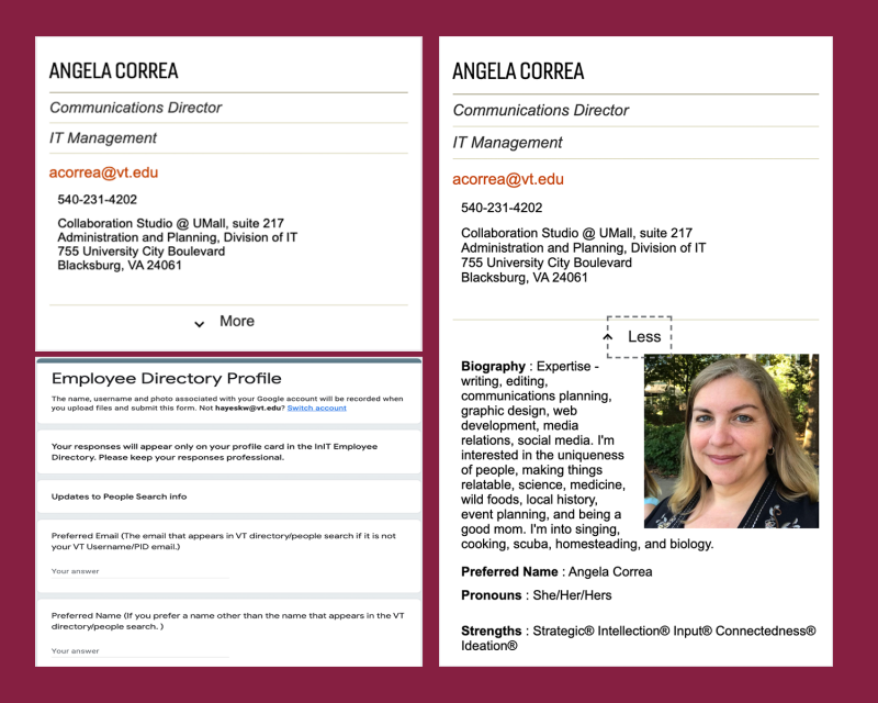 Image of Angela Correa employee profile card, with example of employee directory profile card underneath. To the right is Angela Correa's completed profile with headshot photo.