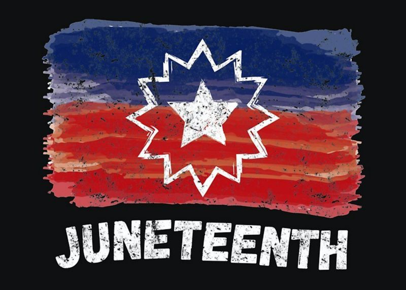 Juneteenth flag, a red and blue flag with a white star in the middle and word Juneteenth spelled underneath
