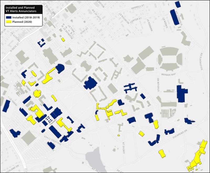 Map of Virginia Tech campus. Buildings shaded dark blue received VT Alerts annunciator upgrades in 2019. Buildings shaded yellow are slated to receive VT Alerts annunciator upgrades in 2020.