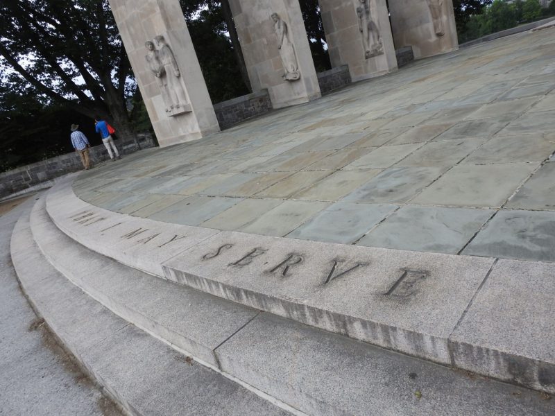 The inscription "That I May Serve" at the Virginia Tech Pylons above War Memorial Chapel