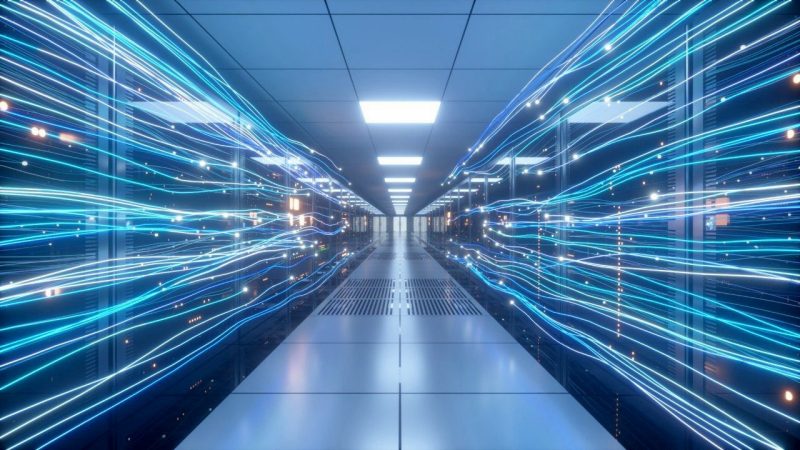 An image of a data center with stylized blue lines representing data network.