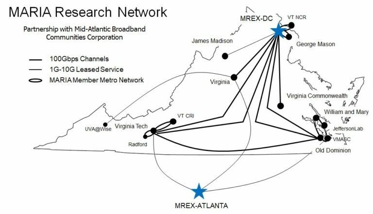 Map of The Mid-Atlantic Research Infrastructure Alliance research network in Virginia.