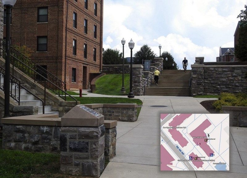 A picture outside of Major Williams Hall with a campus map overlay over the right lower corner.